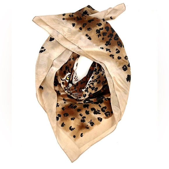 Leopard Cat Print Scarf Beige Brown 31”x31” - Picture 6 of 6